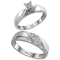 Genuine 925 Sterling Silver Diamond Trio Wedding Sets for Him and Her L Grooves 3-piece 6mm & 4.5mm wide 0.10 cttw Brilliant Cut sizes 5-14