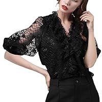 Women Sexy Hollow Out Lace Blouses Loose Plus Size Lantern Sleeve Ruffles V-Neck Top Ladies Summer Casual Tops