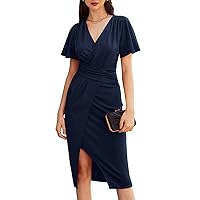 GRACE KARIN 2024 Women's V Neck Short Sleeve Ruched Split Wrap Dress Midi Cocktail Dresses