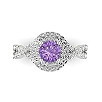 1.45 ct Round Cut Solitaire double halo Stunning Genuine Simulated Alexandrite Modern Wedding Statement with accent Ring 14k White Gold