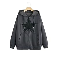 Sweatshirt for Women- Star Patched Zip Up Pocket Drawstring Hoodie (Color : Dark Grey, Size : Small)