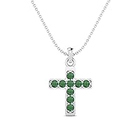 Natural 3 MM Round Emerald Gemstone 925 Sterling Silver Holy Cross Pendant Necklace May Birthstone Emerald Jewelry Bridal Necklace