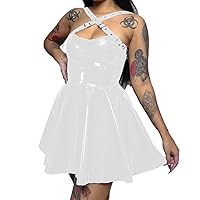 Wetlook PVC Leather Cross Strap Dress Skinny Short Sleeveless Pleated Dress Bodycon Ladies Party A-line Dress