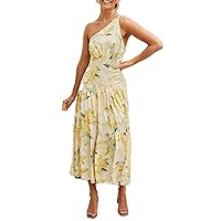 One Shoulder Floral Print A-Line Long Dress for Women High Waist Holiday Beach Dress Female