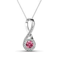 Round Pink Tourmaline & Natural Diamond 1/2 ctw Women Vertical Infinity Pendant Necklace. Included 16 Inches 14K Gold Chain