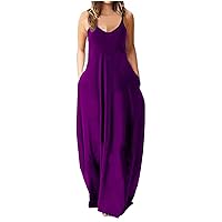 Summer Classic Maxi Beach Sun Dress for Women Plus Size Casual Baggy Spaghetti Strap Solid Cami Dresses with Pockets