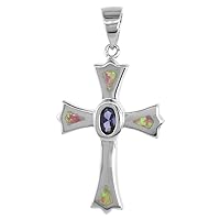 Sterling Silver Lab Opal Fleury Cross Necklace in Blue & Pink Oval Amethyst CZ 1 1/8 inch Rope Chain