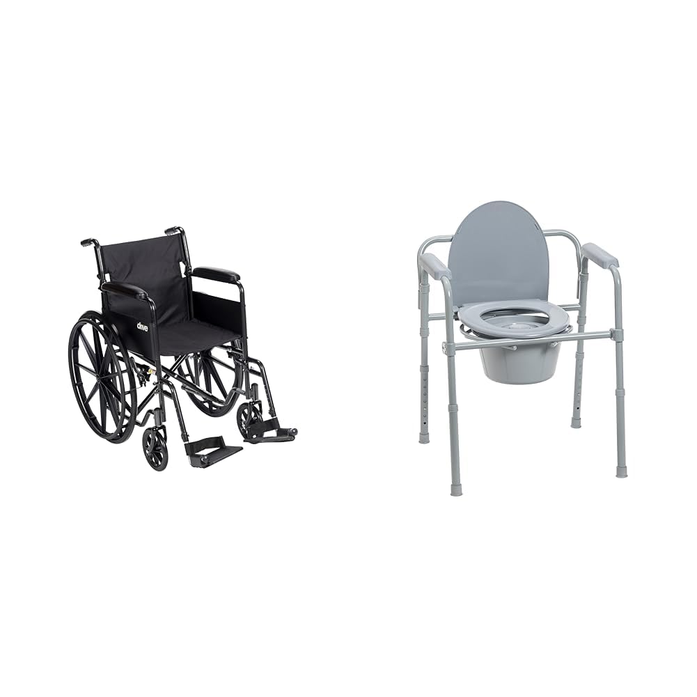 Drive Medical SSP118FA-SF Silver Sport 1 Folding Transport Wheelchair with Full Arms and Removable Swing-Away Footrest & 11148-1 Folding Steel Bedside Commode Chair