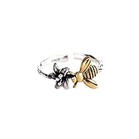 925 Sterling Silver Golden Bee Silver Flower Resizable Opening Ring for Women Jewelry