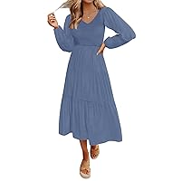 MEROKEETY Women's 2024 Casual Long Sleeve Smocked Dress V Neck High Waist Ruffle Tiered Midi Dresses