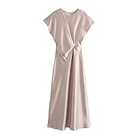 Spring Solid Color Pullover Round Neck Short-Sleeved Pleated Silk Satin Dress for Women