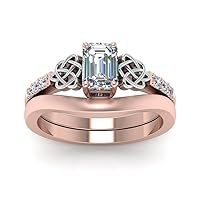 Choose Your Gemstone Celtic Knot Ring with Plain Band Set Rose Gold Plated Emerald Shape Wedding Ring Sets Matching Jewelry Wedding Jewelry Easy to Wear Gifts US Size 4 to 12