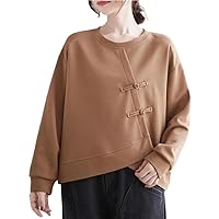 Chinese Style Plate Button Sweatshirt Women' Solid Loose Casual Irregular Round Neck Hoodies Long Sleeve