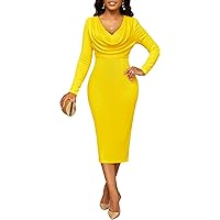 Church Dresses for Women Long Sleeve Funeral Work Business Party Dress Bodycon Vintage Wrap Midi Pencil Dress,70Yellow_Large