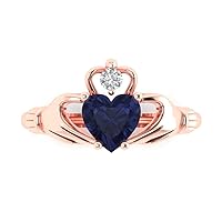 1.55 ct Heart Cut Irish Celtic Claddagh Simulated Blue Sapphire Engagement Promise Anniversary Bridal Ring 14k Rose Gold