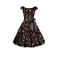 1950s Vintage Style Cherry Print Cap Sleeve Boat Neckline Pleated Waist Dress