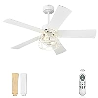 YOUKAIN Ceiling Fans With Lights, 48 Inch Farmhouse Ceiling Fans with Lights and Remote, 5-Reversible, White Finish, outdoor ceiling fan for Indoor/Outdoor Use, 48-YJ632-WHW