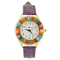 Glass Of Venice Serena Murano Millefiori Watch with Leather Band - Gold Purple