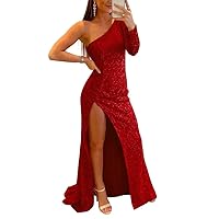 Sparkly One Shoulder Prom Dresses Long Sleeves Sequin Mermiad Homecoming Dress for Teens with High Slit