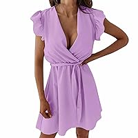 Women's Fashion Casual Belt Loose Solid Color Sleeveless V-Neck Dress(K)