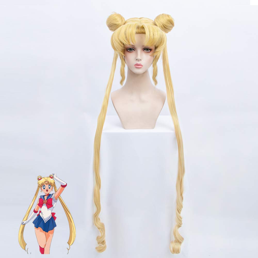 HSIU Anime New Sailor Moon cosplay Tsukino Usagi cosplay wig Blonde Double Ponytail Long Curly