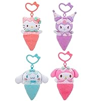 4-Pack Ice Cream Clip-On Plush Featuring Hello Kitty, Kuromi, My Melody, and Cinnamoroll with Unique Bow Clips - Officially Licensed Product