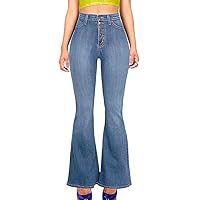 Andongnywell Women's Skinny Wide Leg High Waist Long Bell Bottom Denim Pants Slimming Stretch Button Flare Jeans