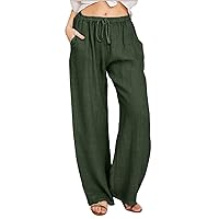 Wide Leg Linen Pants for Women Summer Casual Palazzo Pants Drawstring Lightweight Flowy Boho Beach Pants with Pockets