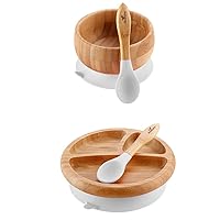 Avanchy Bamboo Baby Bowl + Baby Plate + 2 First Stage Spoons. Removable Suction Bottoms. White