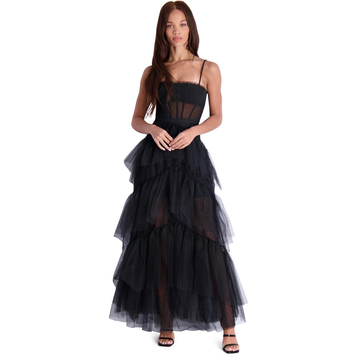 BCBG Max Azria OLY Women’s Tiered Ruffle Tulle Sleeveless Corset Evening Gown