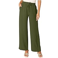 Womens Flowy Beach Pants Casual High Waist Wide Leg Pants Summer Drawstring Elastic Palazzo Trousers with 4 Pockets