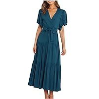 Maxi Dress for Women, Summer Dresses for Women 2024 Ruffle Flutter Sleeve Beach Party Dresses Solid V Neck Flowy Dress