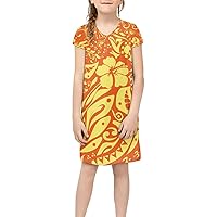 GLUDEAR Polynesian Dress for Girls Kids Summer Casual Short Sleeve School Beach Sundress