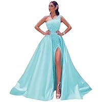 Sparkle Prom Dress One Shoulder Mermaid Ball Gown Sleeveless Sequin Long Formal Evening Party Dress with Slit