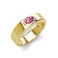 Oval Shape (6x4 mm) Pink Tourmaline 3/8 ctw Solitaire Unisex Wedding Ring 14K Yellow Gold-9.5