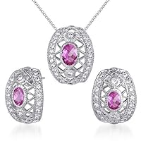 PEORA Sterling Silver Created Pink Sapphire Pendant Earrings Set for Women, Vintage Style Oval Shape 2.00 Carats, with 18 inch Italian Chain