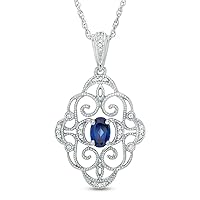 Oval Cut Created Blue Topaz & 0.05 CT Diamond Filigree Pendant Necklace 14k White Gold Over