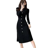 Fall Winter Solid Sweater Dress Retro O-Neck Puff Sleeve Slim A-Line Single Breasted Knit Dress