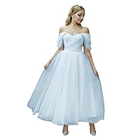 Off The Shoulder Tea Length Prom Dresses Puffy Tulle Pearls Ball Gown Sweetheart Formal Party Dress YB20
