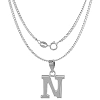 1/2 Inch Small Sterling Silver Block Initial N Necklace Alphabet Letters High Polished, 16-30 inch 0.8mm Box_Chain