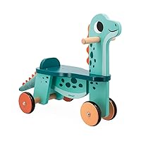 Janod Babies’ Portosaurus Dinosaur Ride-On-21 cm-High Seat-Removable Plush Tail-FSC Wooden Early-Learning Toy-12 Months +, J05828, Multicolored
