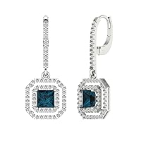 3.27CT Princess Round Cut Double Halo Solitaire Natural London Blue Topaz Lever back Drop Dangle Earrings 14k White Gold