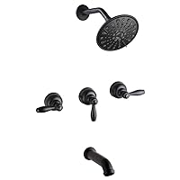 POP SANITARYWARE Matte Black 3 Handle Tub and Shower Faucet Set with 6 Spray Shower Head, Bathtub Faucet Set with Tub Spout Bathroom Mixer Tub and Shower Trim Kit with Valve
