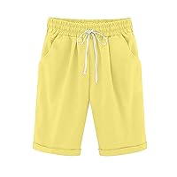 Bermuda Shorts for Women Solid Cotton Linen Shorts Drawstring Elastic Waist Short Pants Casual Comfy Short with Pocket