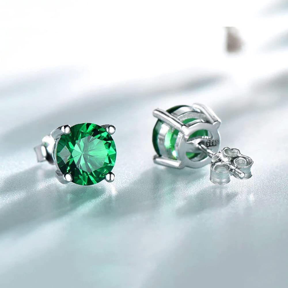 JIANGXIN Round cut Created Emerald 925 Sterling Silver Rhodium Plated Stud Earrings Fine Jewelry for Girls Women