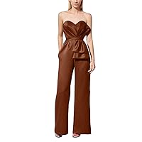 VeraQueen Women's Sweetheart Jumpsuits Evening Dresses with Pockets Satin Red Formal Dress Prom Gowns Pants with Bow