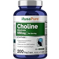 NusaPure Choline Bitartrate 650 mg 200 Veggie Capsules (Vegetarian, Non-GMO, Gluten-Free)