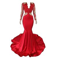 Women's Long Sleeves Mermaid Prom Dresses Gold Lace V Neck Eevening Party Gowns