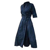 Women's Spring/Summer Casual Loose Fit Medium Sleeve V Neck High Waist Lace Up Long Sundresses for Women Casual
