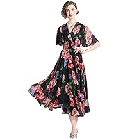 Summer Chiffon Maxi Dress Women's V-Neck Batwing Sleeve Elastic Waist Flower Print Party Long Vestidos
